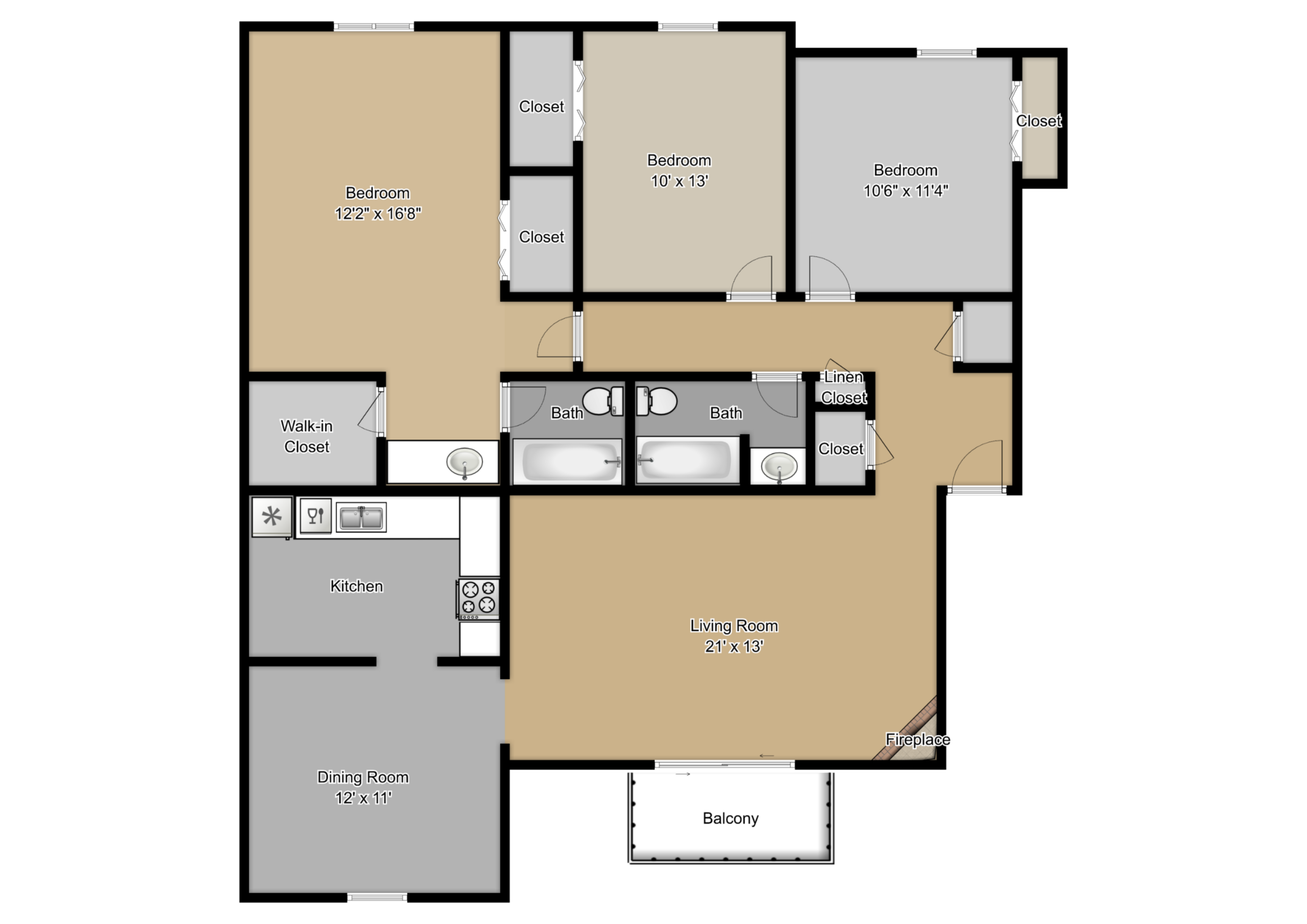 Floor plan for 3 beds, 2.5 baths, 1900 sqft